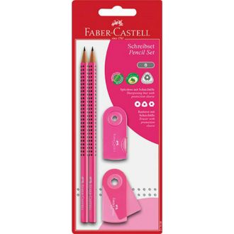 Faber Castell blister 2 μολύβια Grip 2001 + γόμα mini sleeve + ξύστρα mini sleeve Neon Ροζ 217028